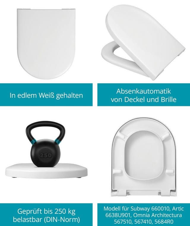 Calmwaters® Antibakterieller WC Sitz mit Absenkautomatik für Villeroy & Boch Subway Artic Architectura, Duroplast Klodeckel, Top-Fix, abnehmbar,