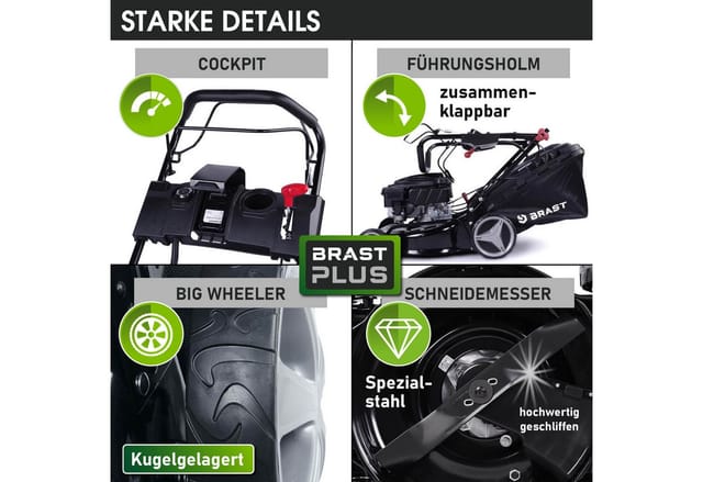 Brast - Rasenmäher Benzin 3,0kW (4,1PS) mit Antrieb Elektrostart 41cm Schnittbreite 40L Fangkorb Stahlgehäuse 144ccm tüv geprüft