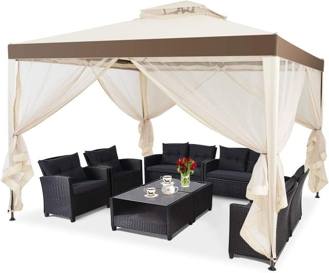 Costway 3x3m Gartenpavillon Mit 4 Seitenwaenden, Mit Reissverschluss Und Moskitonetz, Pavillon Sonnenschutz, Gartenzelt Für Camping, Partyzelt , Festzelt Beige