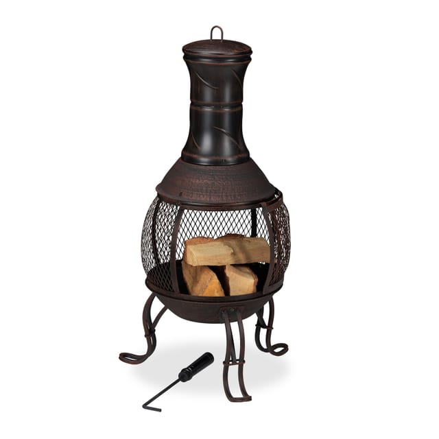 Aztekenofen, Schürhaken, Holzrost, Funkenschutz, Garten, Terrasse, Antik Terrassenofen, Höhe 89 cm, rot-bronze - Relaxdays