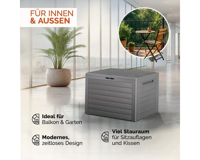 Gartenbox 190l Uv-beständig Griffmulden Verschlussvorrichtung Balkon Terrasse Wohnzimmer Wintergarten Box Kissenbox 78x44cm Holz-optik Farbwahl Grau - Casaria
