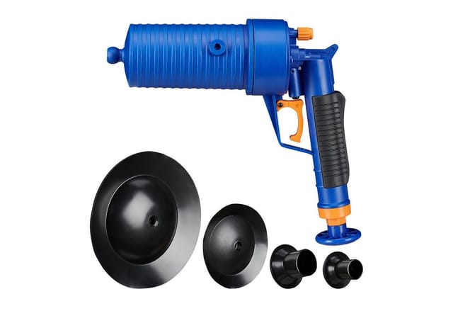 Pressluft Rohrreiniger, für verstopfte Abflüsse, Bad & Küche, 4 Aufsätze, Überdruckventil, Abflusspumpe, blau - Relaxdays