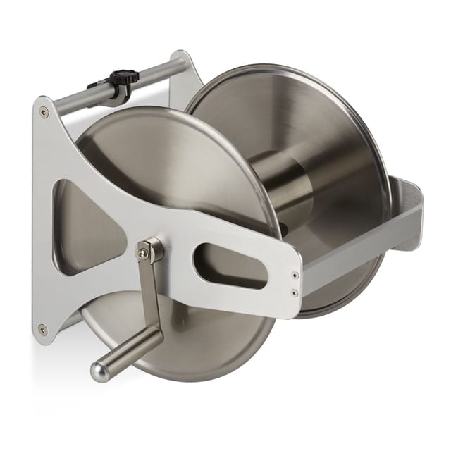 Relaxdays - Schlauchtrommel Metall, Schlauchaufroller leer, Edelstahl & Aluminium, Boden & Wand, 30,5x45x36,5 cm, silber