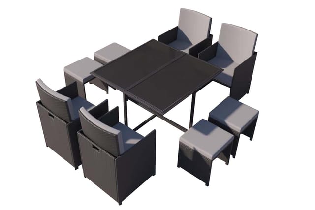 Tisch und Stühle für 8 Personen aus schwarzem und grauem Rattan FLORIDA