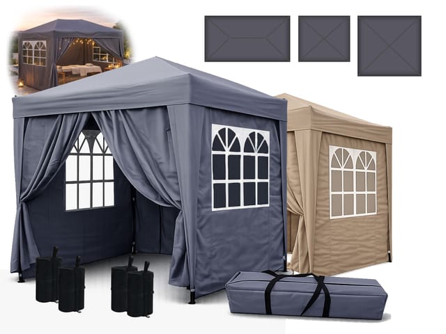 Quick-star - Pop-Up-Pavillon 2,5 x 2,5 m Graubeige mit 4 Fußgewichten und mit 4 Easy-Klett Seitenwänden mit 2 Reißverschlüssen.
