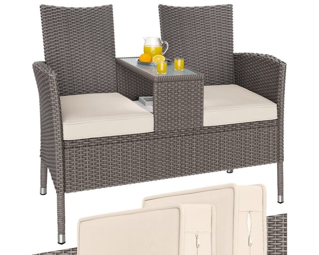 Gartenbank Sitzbank Inkl. Auflagen Wetterfest Polyrattan 320kg Belastbar Tisch Ablage Uv-beständig Garten Balkon Bank 2-sitzer 143x67cm Farbwahl Grau - Casaria