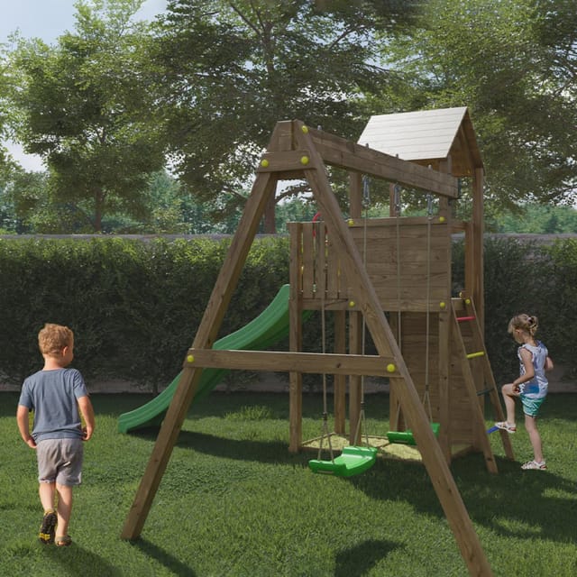 Spielturm 'Boomer 3', teak, mit Rutsche, Doppelschaukel, Leiter, Griffe, Kletterwand und Holzdach - Fungoo