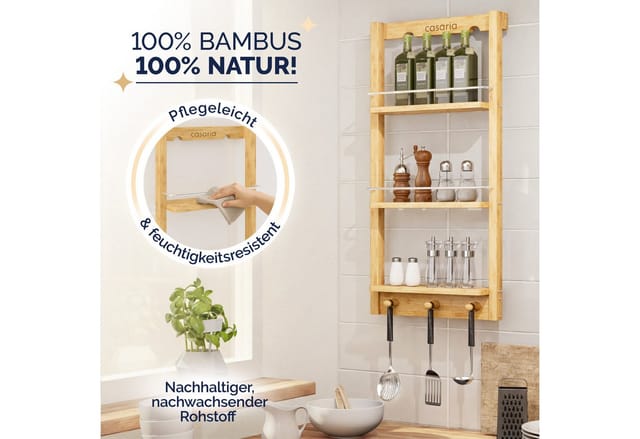 Duschregal zum Hängen Bambus 3 Ablagen 3 Haken 70x29x10cm Duschablage Hängend Badregal Hängeregal Dusche Holz - Casaria