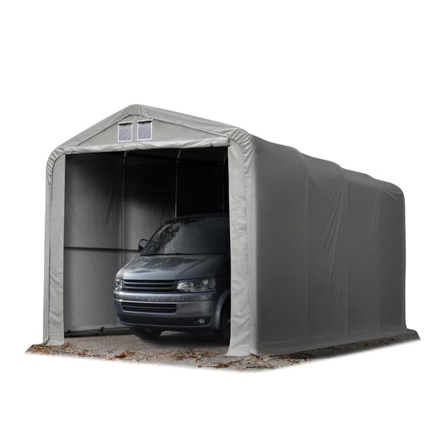 Wikinger Zeltgarage 4x8 m Lagerzelt Carport Torgröße 3,5x3,5 m für Boote, Wohnmobile, Traktoren - grau