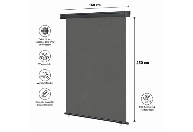 Mucola - Senkrechtmarkise 160x250 cm Markise Seitenmarkise Anthrazit Windschutz Sonnenschutz Seitenrollo Terrassendach Balkonmarkise Schutz