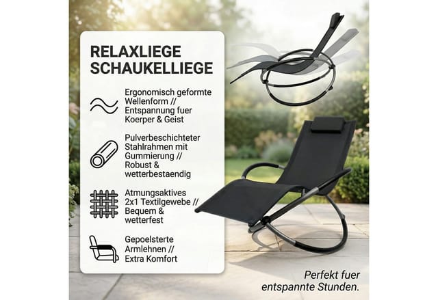 Schaukelliege Sonnenliege Liegestuhl xxl 200kg belastbar in Anthrazit Faltbar Gartenliege Relaxliege Strandliege Schaukelstuhl Balkonliege