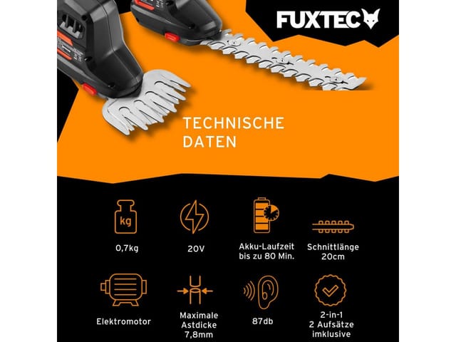 FUXTEC Heckenschere 20V inkl. Akku FX-E1HS20 Elektrischer Heckentrimmer mit Li-Ionen Batterie und Ladegerät – Schnittlänge 52 cm
