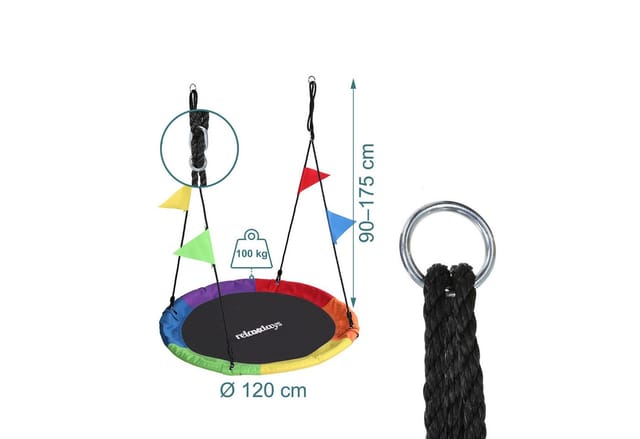 Relaxdays Nestschaukel, runde Hängeschaukel, mit Wimpeln, Kinder, verstellbar, outdoor, Ø: 120 cm, bis 100 kg, bunt