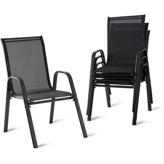 Relaxdays Gartenstühle, 4er Set, Hochlehner, Armlehnen, stapelbar, bis 150 kg, Polyester, Metall, Stapelstuhl, anthrazit