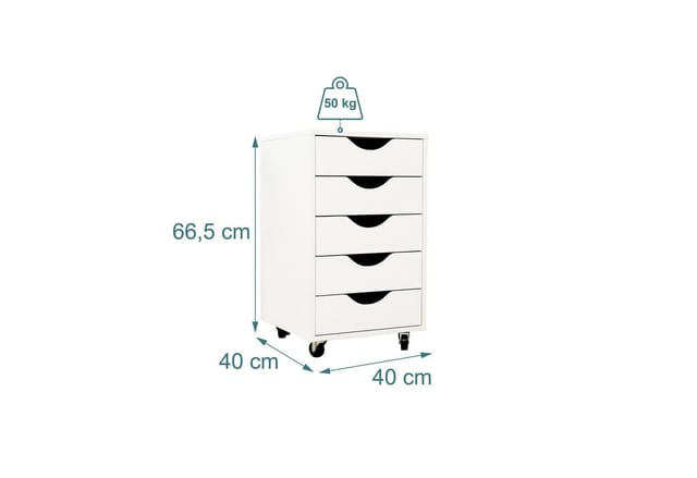 Relaxdays Rollcontainer, 5 Schubladen, HBT: 66,5x40x40 cm, Aktenschrank auf Rollen, Bürocontainer Schreibtisch, weiß