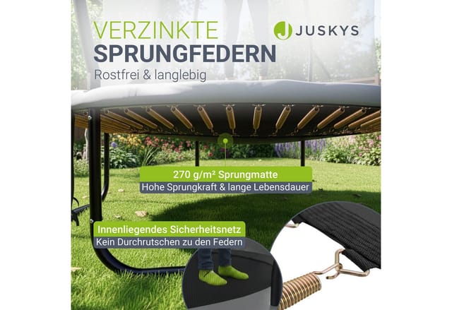 Juskys Trampolin SkyBounce L Ø 366 cm – Outdoor Gartentrampolin mit Sicherheitsnetz und Leiter, PowerSpring Sprungfedern, gepolsterte Randabdeckung,