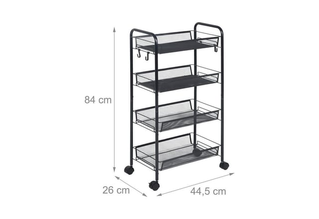 Relaxdays Rollwagen, 4 Mesh-Etagen, Servierwagen, Küchenwagen Bad & Büro, HBT 84x44,5x26 cm, Bastelwagen Metall, schwarz