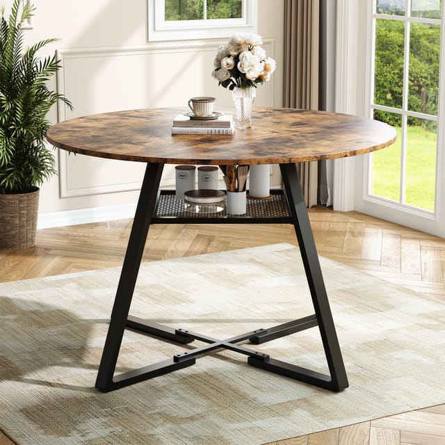 Jookgbd- Runder Esstisch Für 4-6 Personen, Küchentisch Mit Metallgestell, Esszimmertisch Mit Offenen Ablagen, Industrial Design, Für Esszimmer Küche Wohnzimmer, Holz Metall, Vintage Braun