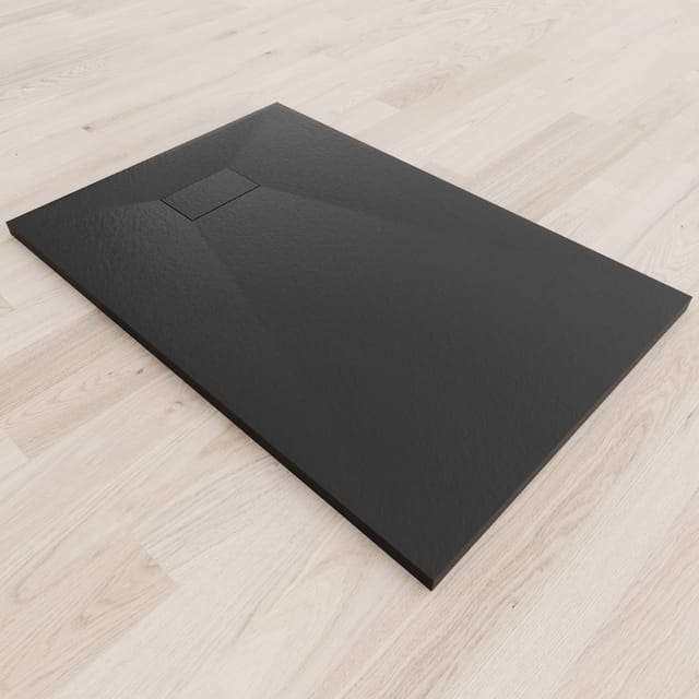 Smc Duschwanne Duschtasse mit Anti-Rutsch Flach mit Steinoptik Schwarz inkl. Ablaufgarnitur 120x80 cm