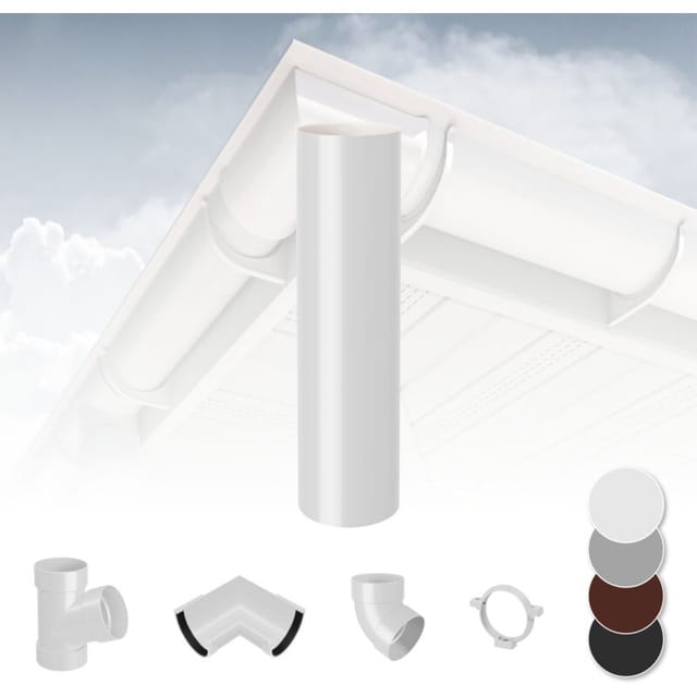 Regenrinnen Komponenten Dachflächen 100m² PVC in 4 Farben RainWay S: Weiß, Fallrohr