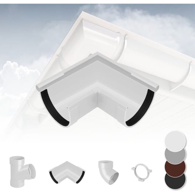 Regenrinnen Komponenten Dachflächen 100m² PVC in 4 Farben RainWay S: Weiß, Eckstück Außen 90°