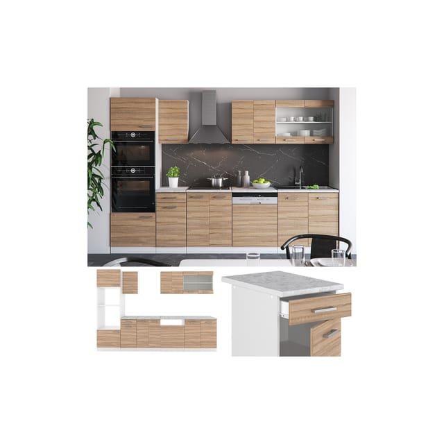 Vicco - Küchenzeile R-Line, Sonoma, 300 cm mit Hochschrank, ohne Arbeitsplatte