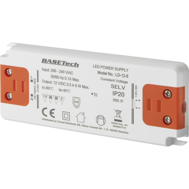 Basetech - LD-12-6 LED-Trafo Konstantspannung 6 w 0.5 a Möbelzulassung, Überspannung, Montage auf en