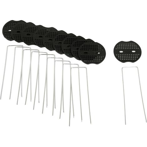 Befestigungsklammern Und -elemente Für Die Landschaftsgestaltung Zur Sicherung Von Unkrautvlies, Packung Mit 10 Robusten Klammern Und 10 Rostbeständigen Kunststoffplatten, Packung Mit 20 Stück.