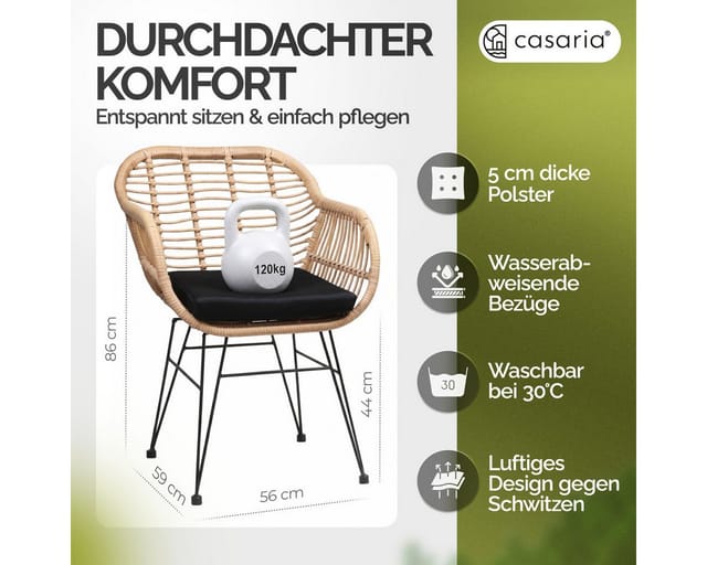 Gartenstühle 2er Set Polyrattan inkl. Auflage Armlehne Metall Wetterfest Verstellbar Outdoor Modern Garten Terrasse Balkon Gartensessel Stuhl
