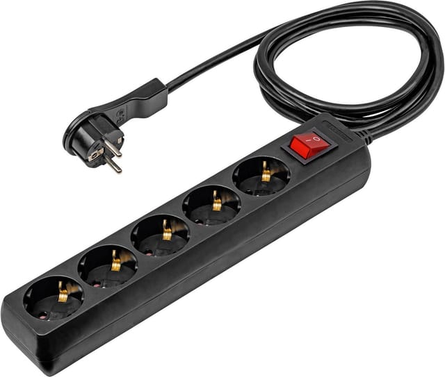 5-fach Steckdosenleiste 2m 230V schwarz Flachstecker Bügel IP20