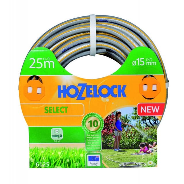 Hozelock Select Anti-UV-Gartenschlauch, grau, mit gelben 3D-Streifen, 15 mm, 25 m HOZELOCK