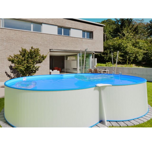 Stahlwandpool achtform 470x300x120 cm, Stahl 0,4 mm weiß, Folie 0,4 mm blau, Einhängebiese
