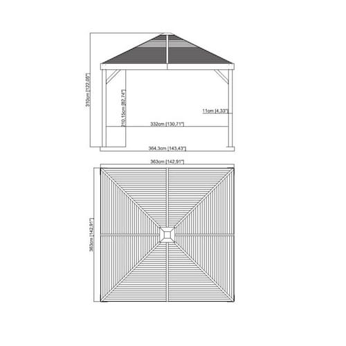 Sojag Aluminium Pavillon Valencia 1212 inkl. Moskitonetz Holzoptik Braun 363x363x310 cm