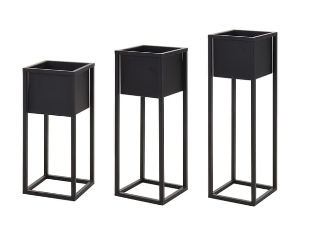 Metall Blumentopfständer in schwarz Ständer mit schwarzem Topf - 3er Set (50, 60 und 70 cm) - Blumentopfhalter mit Topf - Planzenständer eckig