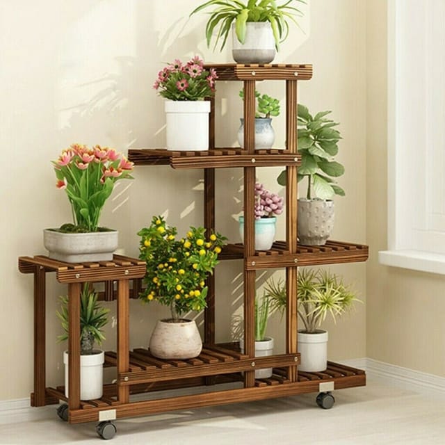Blumenregal Holz 6 Ebenen Blumenständer mit Rollen, mehrstöckig Pflanzentreppe für Balkon Wohzimmer Flur Garten, 95 x 26 x 96 cm Braun