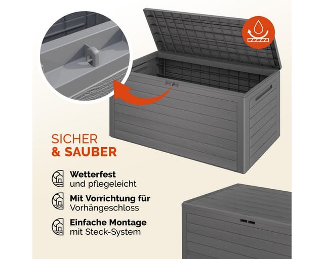 Gartenbox 280L UV-beständig Griffmulden Verschlussvorrichtung Balkon Terrasse Wohnzimmer Wintergarten Box Kissenbox 116x43xcm Holz-Optik Grau