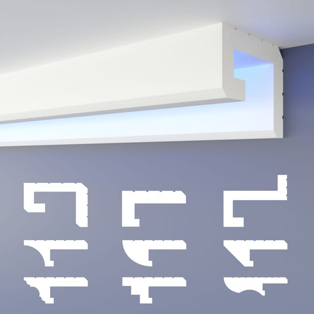 Heximo - led Schattenfugen Profil Stuckleisten, indirekte Beleuchtung xps Styropor Trockenbau Decke: HLED-2 - 56x70 mm, 1.7 Meter / 1 Leiste