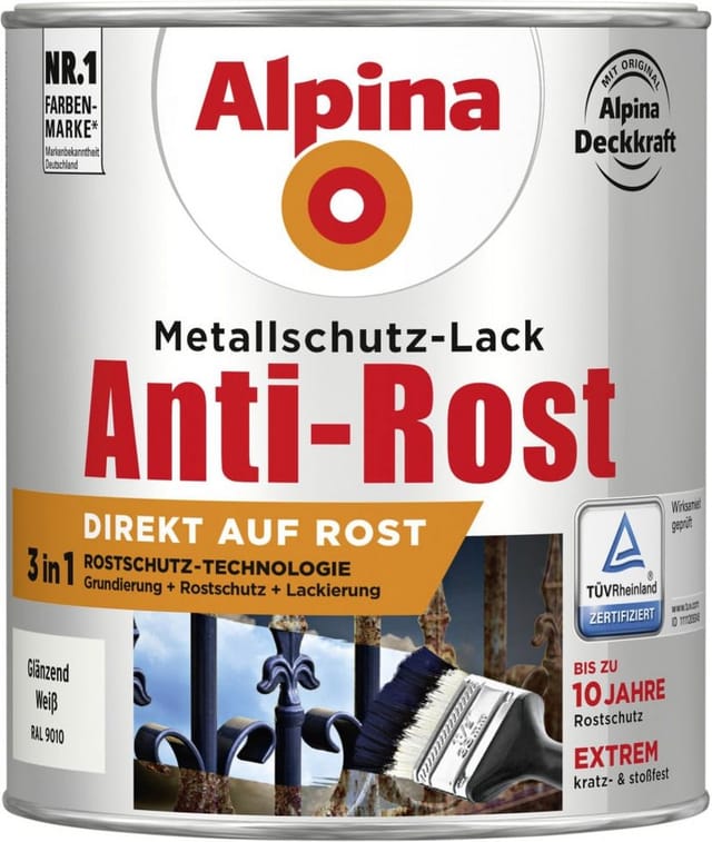 Metallschutz-Lack Anti-Rost 750 ml weiß glänzend Metallack Schutzlack - Alpina