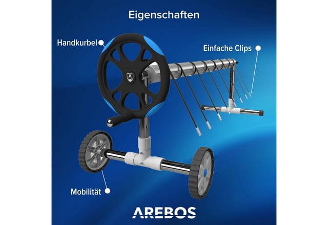 Arebos - mobiles Aufrollsystem für Solar- und Poolplanen, Poolaufroller mit verstellbarer Länge von 3 m bis 5,70 m, aus witterungsbeständigem