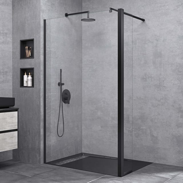 Duschwand 50x200cm Walk-in Mit 30cm Nebenteil, 8mm Duschabtrennung Bremen Schwarz Mit Stabilisator, Aus Echtglas Esg-sicherheitsglas Klarglas Inkl. Nanobeschichtung - Runder Stabilisator - Doporro