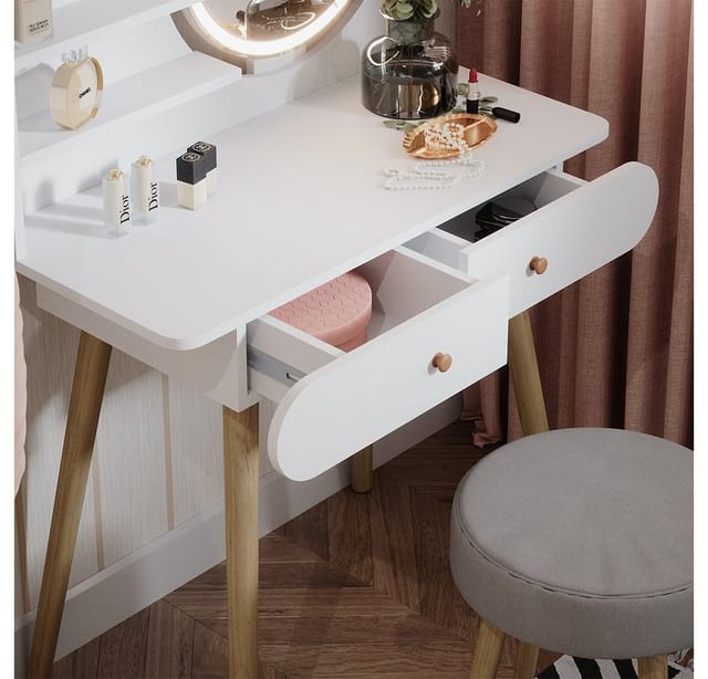 Vicco - Schminktisch Edda, Weiß, 80 cm mit led Beleuchtung und Hocker