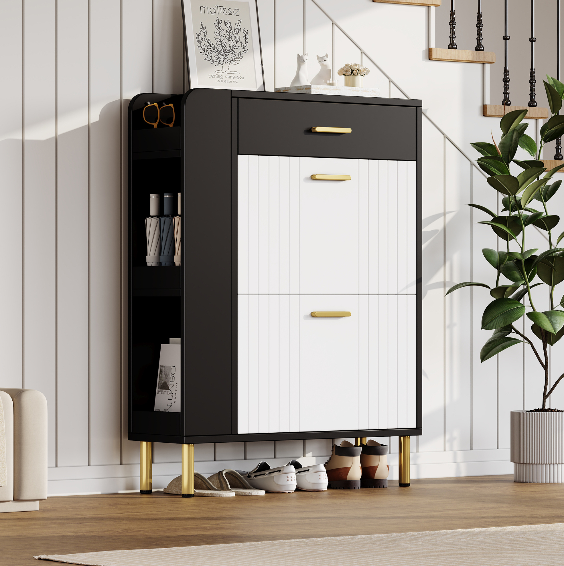 Schuhschrank (80x24x105 Cm), Mit 2 Klappen, 1 Schublade, 3 Offenen Fächern, Mdf Spanplatte, Weiß Schwarz