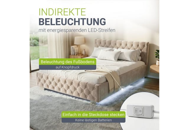 Polsterbett Nizza 140x200 cm mit Matratze - Bettgestell mit Lattenrost, Stauraum & led Beleuchtung – Samtbezug, Chesterfield-Steppung - Beige - Juskys