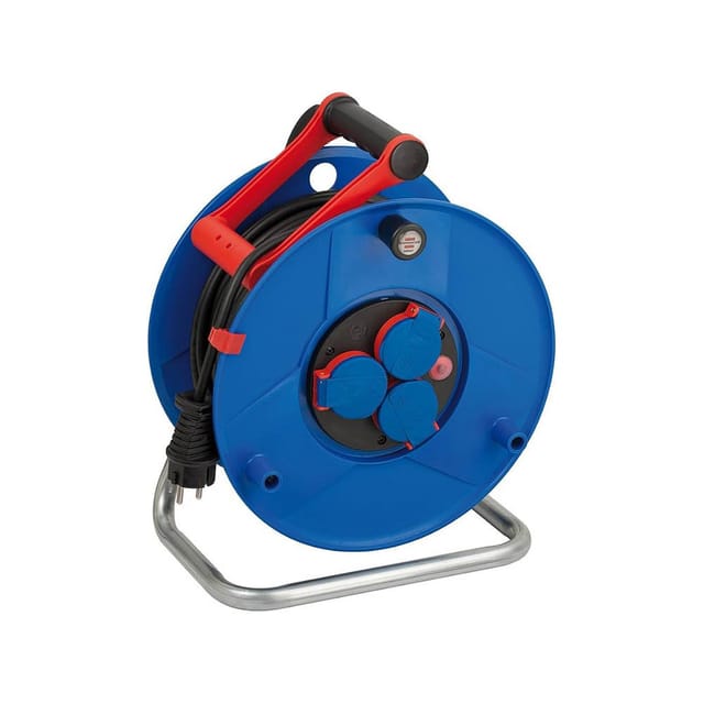 Garant Kabeltrommel mit cable bremaxx® de 50m und 3 Steckdosen dede Strom (Outdoor, IP44, Thermostat, Made in Germany) blau - Brennenstuhl