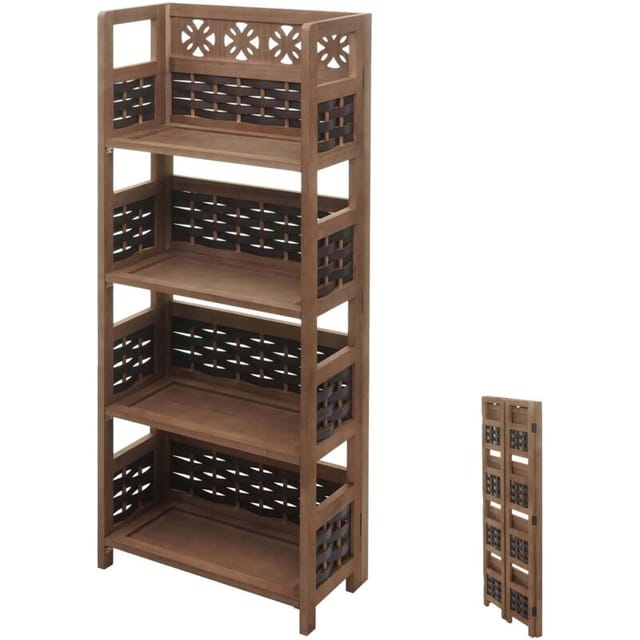 Regal HHG 660, Standregal Wohnregal, klappbar 4 Ablagen, Holz 110cm dunkelbraun, Geflecht dunkelbraun