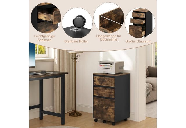 Mobiler Aktenschrank, Schrank Für Aktenordner, Aufbewahrungsschrank Im Büro, Büroschrank Mit Rollen, Rollcontainer Mit 3 Schubladen, Dunkle Eiche Schwarz, 40x70x40 Cm - Woltu