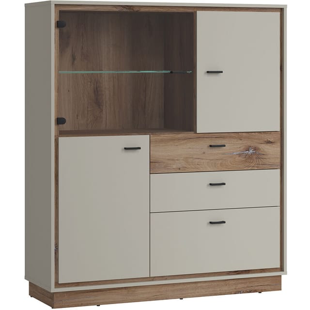 Vitrine Highboard in Flagstaff Eiche Nb. und grau RAMVIK-129, b/h/t ca. 124/143/40 cm