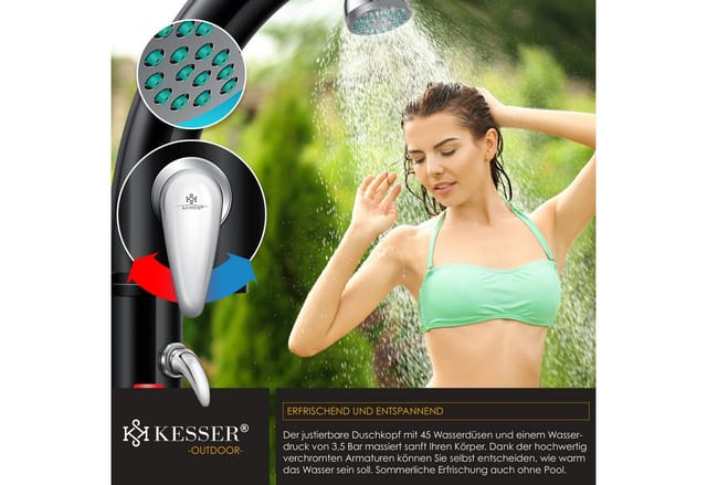 KESSER® Solar Gartendusche Solardusche Bogen Inkl. Metall-Duschablage + Schutzhaube warmes Wasser max. 60°C Pooldusche Camping Schwarz 20 Liter