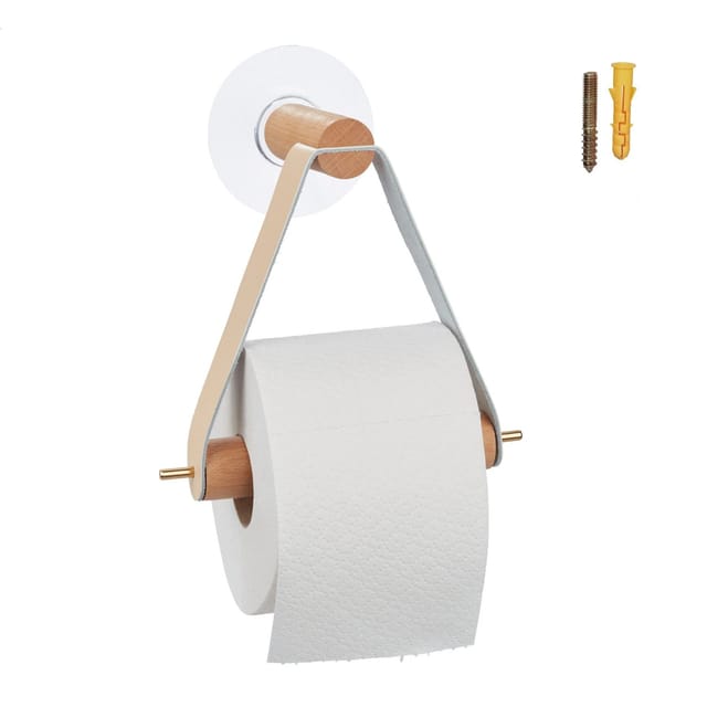 Toilettenpapierhalter aus Holz, für Bad, Wand, Band, klebend, Klorollenhalter HxBxT: 18x18x8 cm, modern, natur - Relaxdays