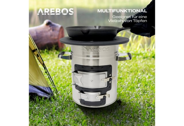 Arebos - Raketenofen inkl. Grillpfanne Dutch Oven bbq Rocket Stove Camping-Ofen Silber